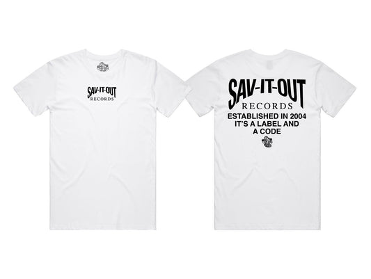 Sav it Out- It's a label and code (white)